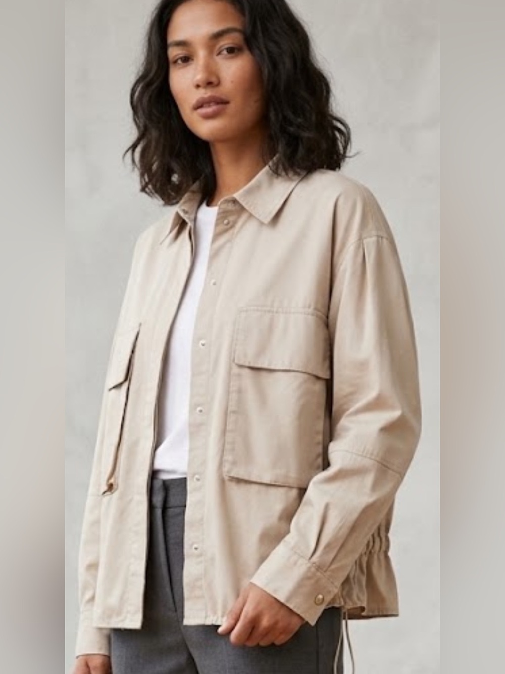 Zara Beige Utility Shirt Jacket Oversized Cargo Pocket Cinched Hem Size S
